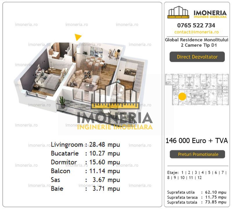 Monolitului 2 cam. spatios, living 28 mpu, finalizat, metrou 2 min pe jos, 0% comision